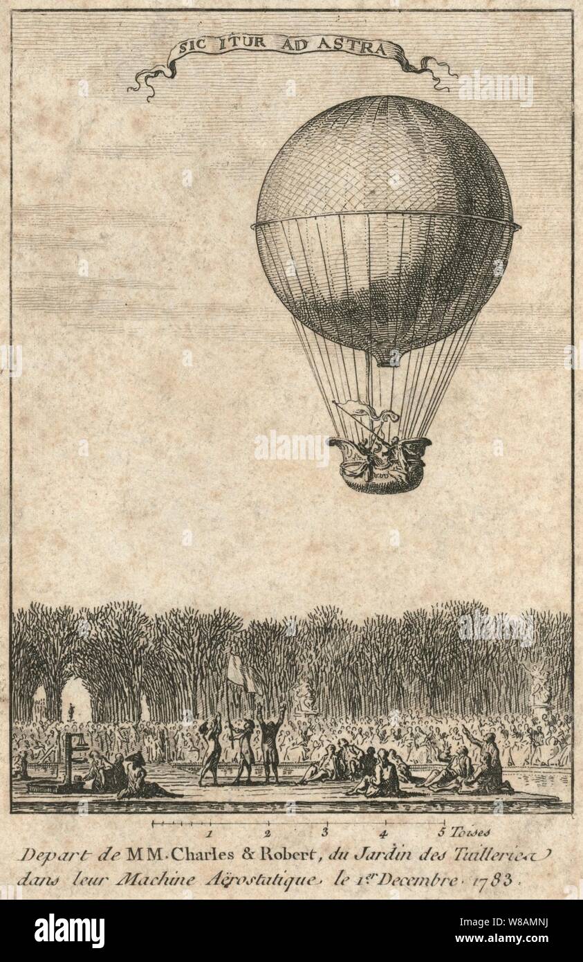 Parten de MM. Charles y Robert, du Jardin des Tuilleries dans leur máquina aërostatique. Foto de stock