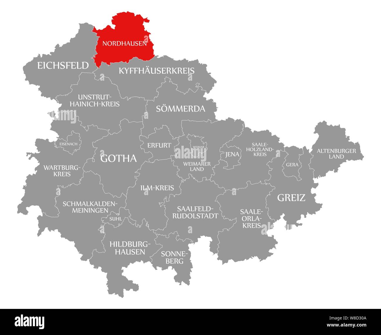 Nordhausen resaltada en rojo en el mapa de Turingia, Alemania