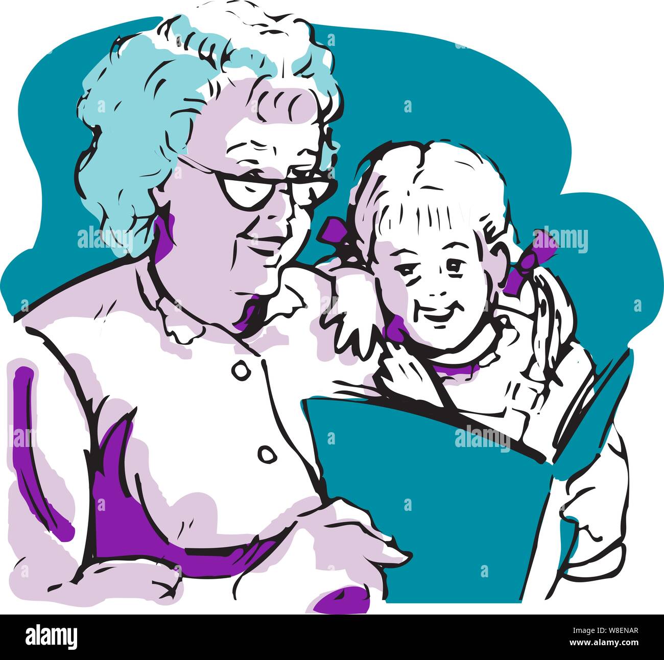 La abuela vistiendo viejas gafas de lectura lee un libro de cuentos a una niña con ribboned ponytails Ilustración del Vector