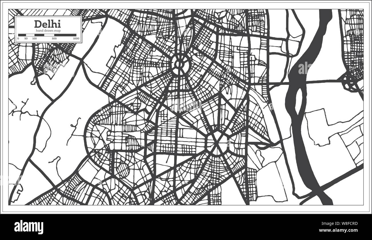 Mapa de la ciudad de Delhi India en estilo retro en blanco y negro a color. Mapa de esquema. Ilustración vectorial. Ilustración del Vector