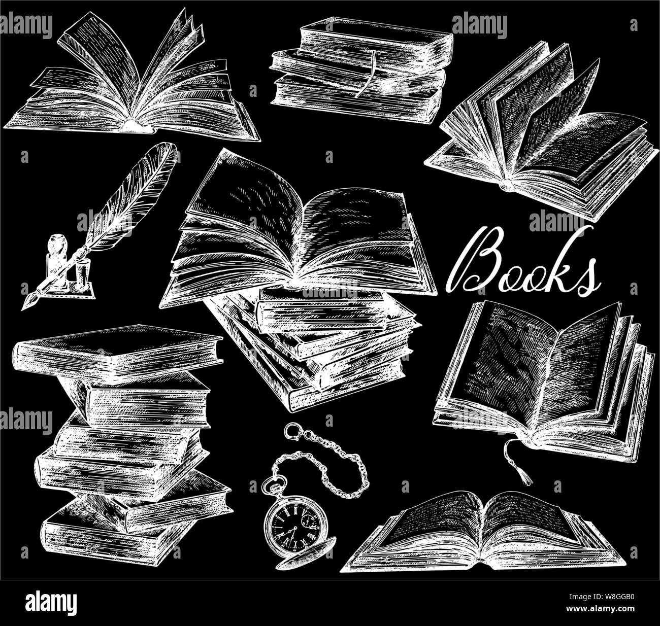 Conjunto de libros de estilo boceto dibujados a mano lápiz y pluma, reloj  de bolsillo aislado sobre fondo negro. Ilustración vectorial Imagen Vector  de stock - Alamy