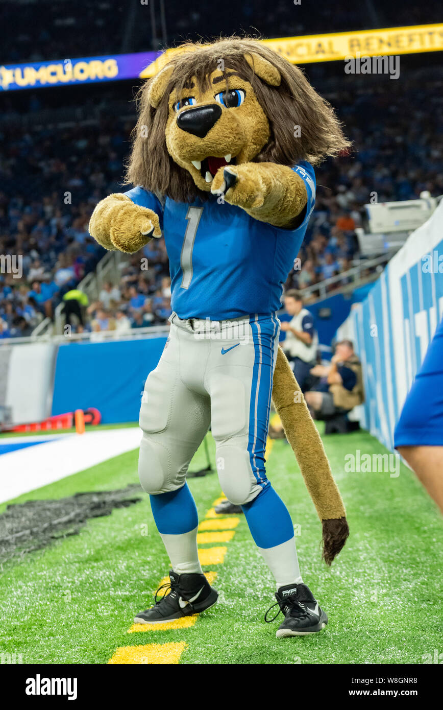 DETROIT, MI - 8 de agosto: Detroit Lions mascota, Roary, durante la  pre-temporada de la NFL juego entre los New England Patriots y Detroit  Lions el 8 de agosto de 2019 en