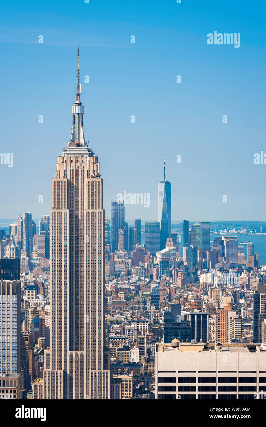 De Manhattan, Nueva York, vista en el verano de Midtown en el Chelsea y el Soho distritos hacia Lower Manhattan en la Ciudad de Nueva York, EE.UU.. Foto de stock