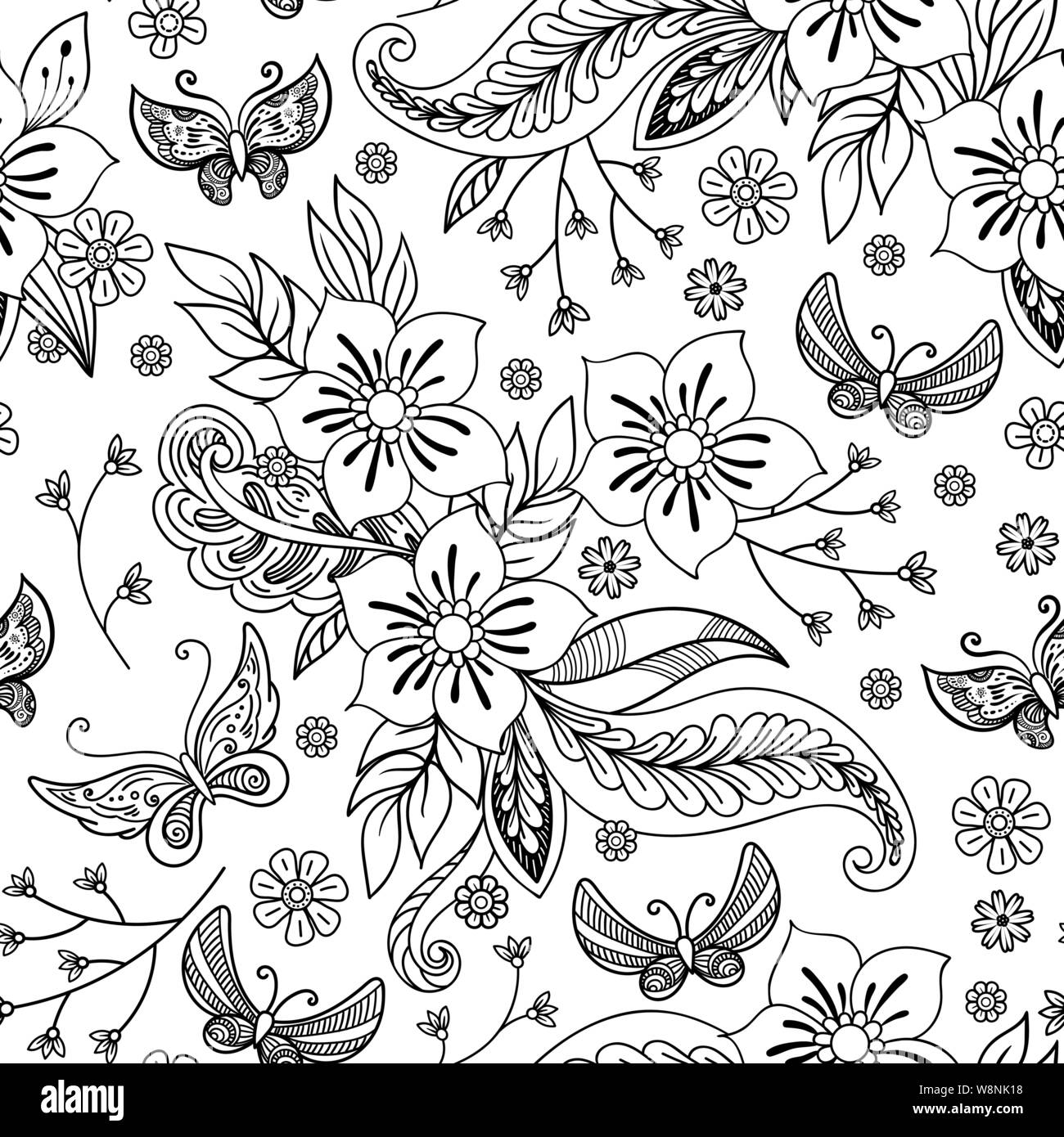 Dibujadas a mano flores y mariposas patrón sin fisuras. En blanco y negro estilo ilustración vectorial en garabatos. Aislado sobre fondo blanco. Coloring Book página. Ilustración del Vector