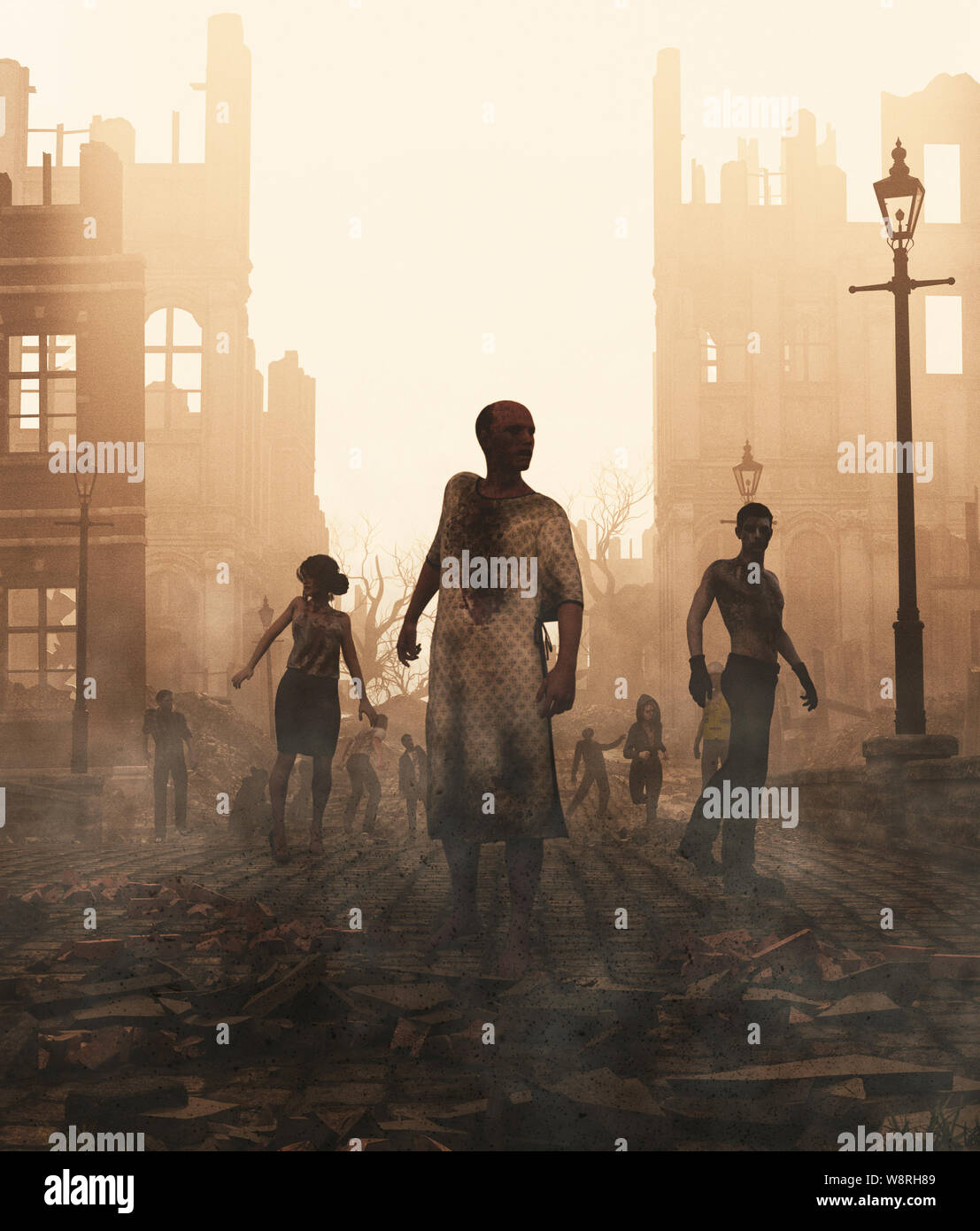 Horda de zombies en la ciudad en ruinas tras un brote,3d ilustración para  la portada del libro Fotografía de stock - Alamy