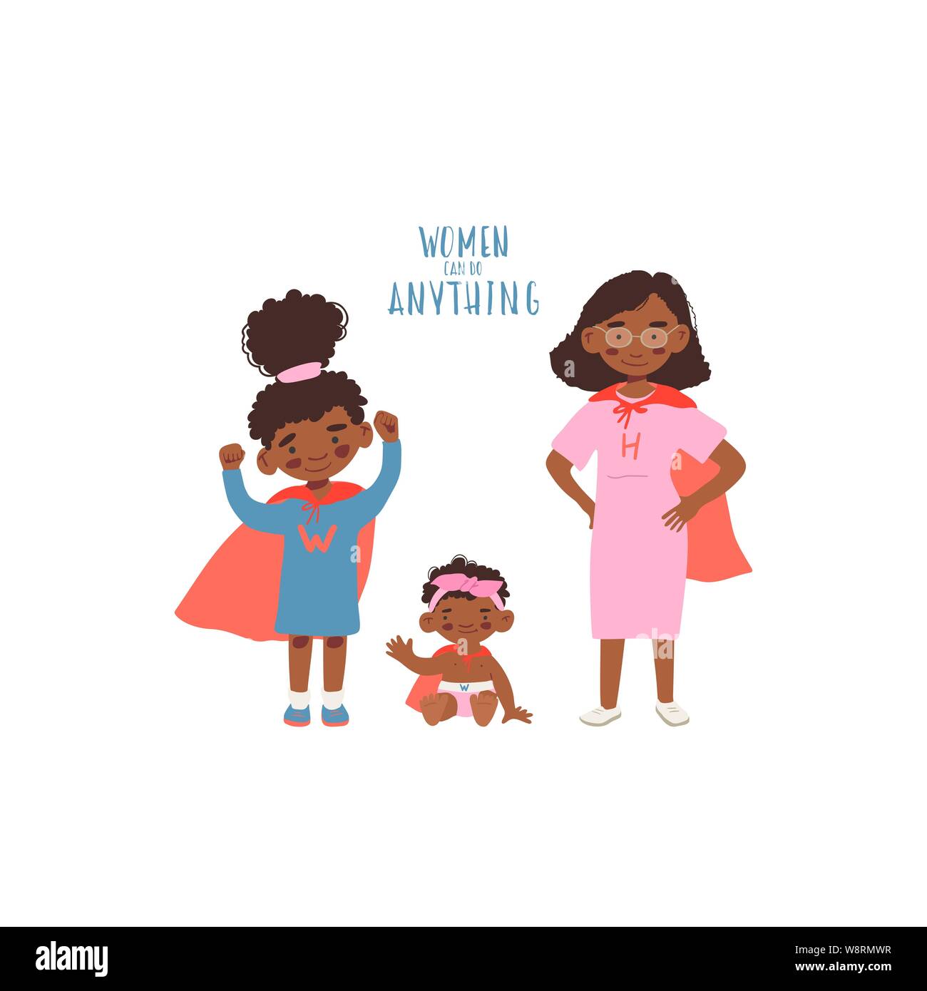 Estilo plano vectorial ilustración. Conjunto de personajes de dibujos  animados cute Muchachas africanas y de la mujer en el traje de superhéroes.  Concepto feminismo - las mujeres pueden hacer algo para la