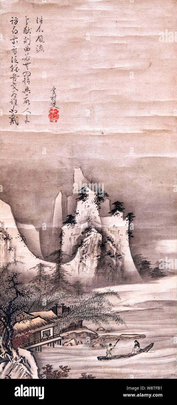 Visitar Dai Kui en una nevada noche, inscripción por Kisai Min'iku, tinta y color de luz sobre el papel, período Muromachi (siglo xvi), el Museo Nacional, Tokio, Japón Foto de stock