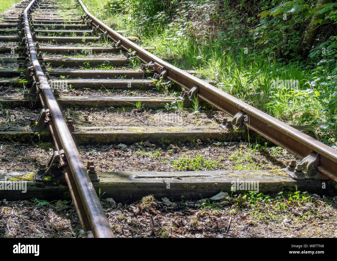 Cubierto de líneas de ferrocarril en desuso en East Lothian, Escocia, Reino Unido. Foto de stock