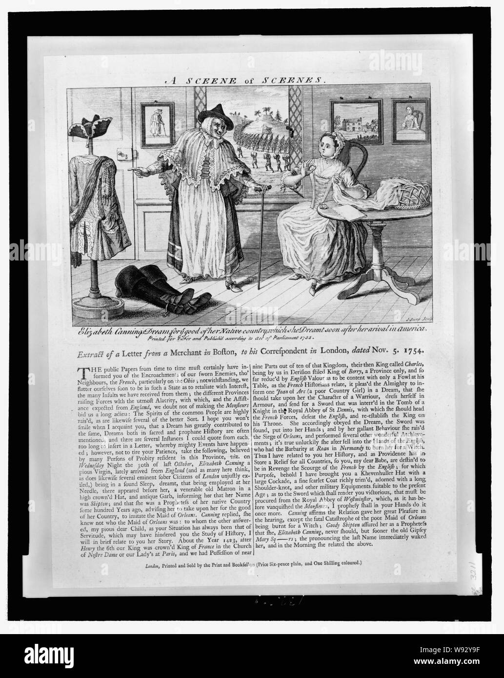 Una de sceenes sceene. Elizabeth Cannings sueño para ye bueno de su país natal, que soñaba poco después de su llegada a América Resumen: Impresión muestra Elizabeth Canning, transportados a América, sentado en una habitación. Mira alarmantemente a una vieja bruja apuntando a un uniforme del soldado. A través de la ventana abierta puede verse soldados británicos marchando hasta una colina como nativos de piel oscura llevar grandes conjuntos. El texto, sobre un sueño, se refiere a la guerra francesa y de indio, Juana de Arco, y el enlatado de acusador en Gran Bretaña, Mary Squires. Foto de stock