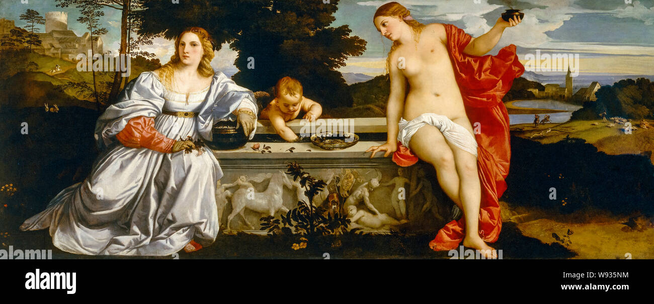 Tiziano, pintura renacentista, Amor sagrado y profano, 1514 Foto de stock