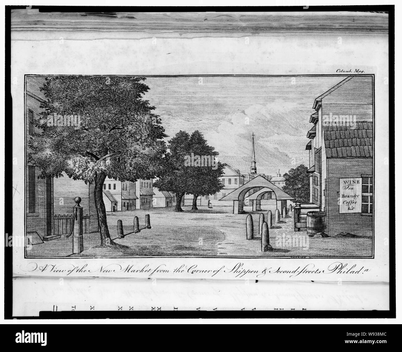 Una vista del nuevo mercado de la esquina de la segunda calle Shippen & Philada. 1787 / Thackara sc. Foto de stock