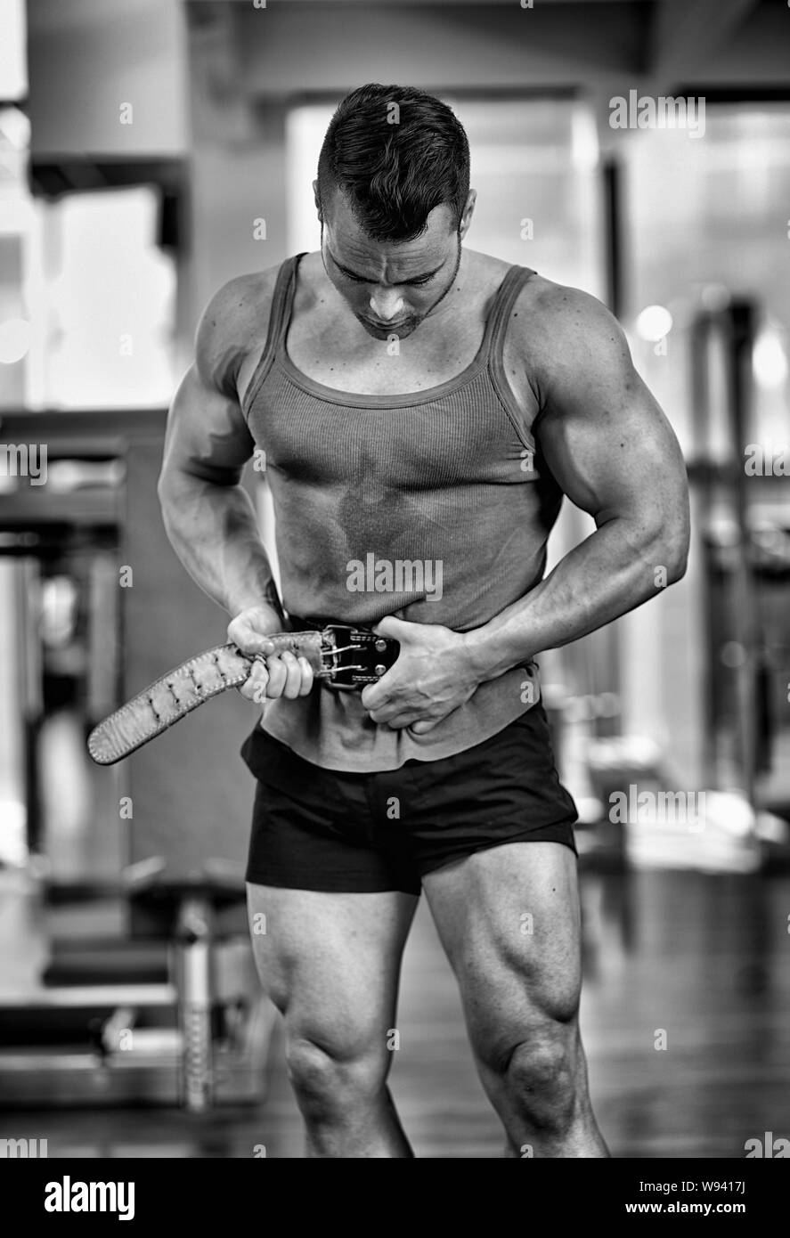 El hombre su fijación cinturón de protección para levantar pesos pesados en  el gimnasio Fotografía de stock - Alamy