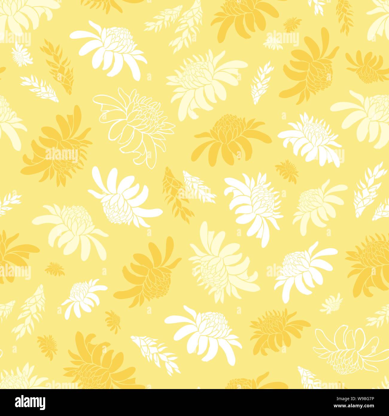 Vector Yellow patrón sin fisuras con antorcha tropical jengibre flores. Adecuado para textiles, papel de regalo y papel tapiz. Ilustración del Vector