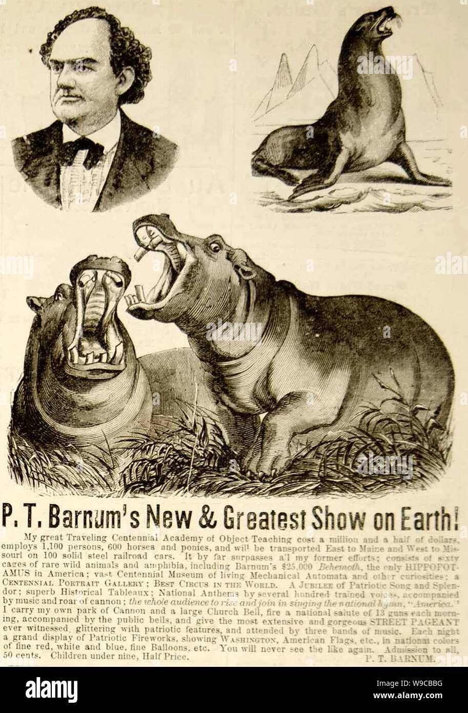 P.T.BARNUM (1810-1891) American showman's promition en 1876 Foto de stock