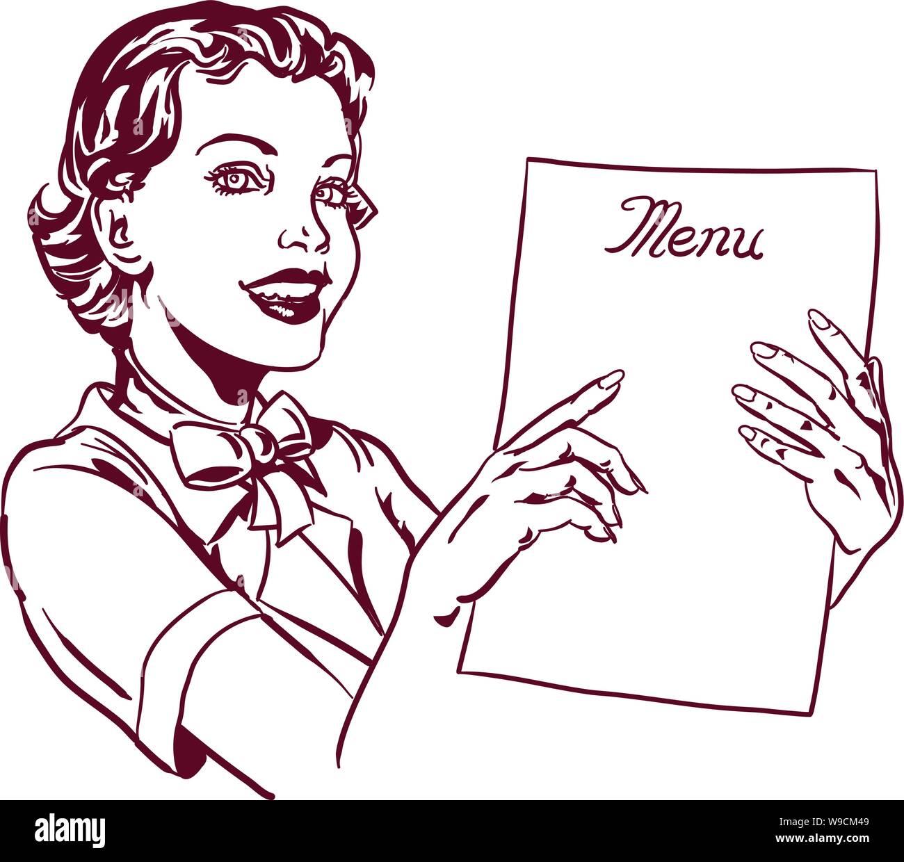 50's style camarera y línea de menú art. de la mujer apunta a algo en un menú y sonrisas Ilustración del Vector