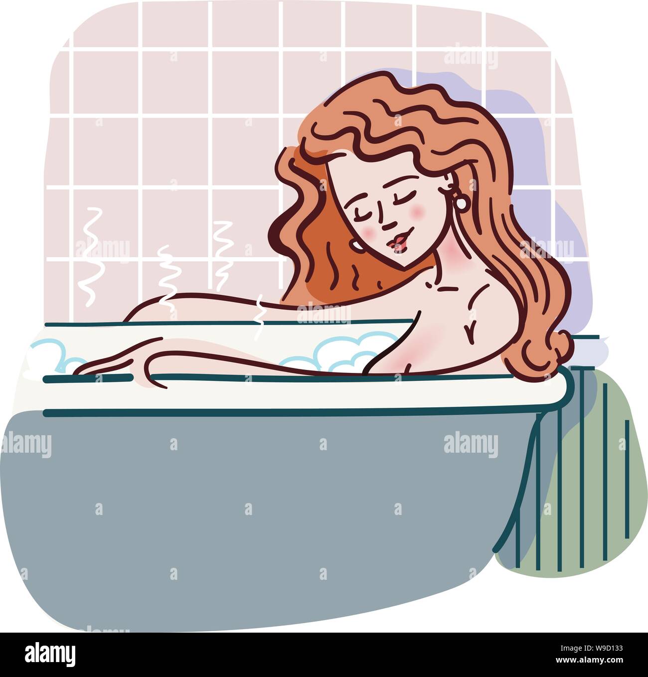 Mujer pelo rojo en una tina de baño de burbujas detrás de su pared de  azulejos & steam rising Imagen Vector de stock - Alamy