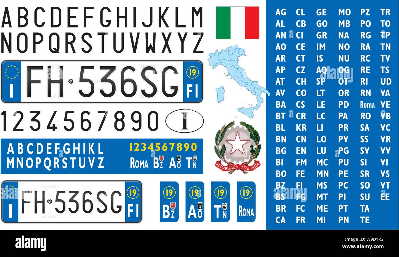 República Italiana de matrícula de coche, letras, números y símbolos,  ilustración vectorial, Unión Europea, Italia Imagen Vector de stock - Alamy