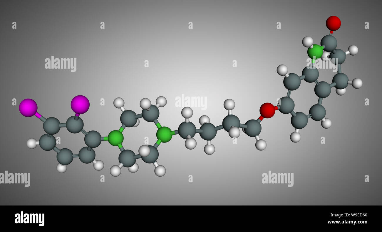 El aripiprazol, neurotransmisor, fármaco antipsicótico atípico molécula. Modelo a escala. 3D rendering Foto de stock