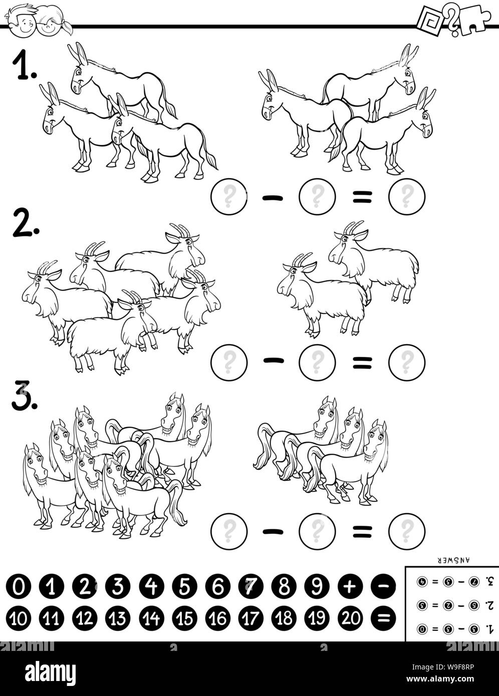 Ilustración caricatura en blanco y negro de matemática educativa resta tarea Rompecabezas para Niños con personajes de animales Coloring Book Ilustración del Vector