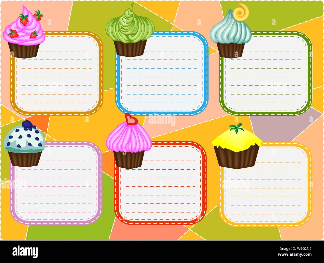 Calendario de seis días sobre un fondo multicolor con pastelitos, para  escribir recetas, libro de cocina Imagen Vector de stock - Alamy