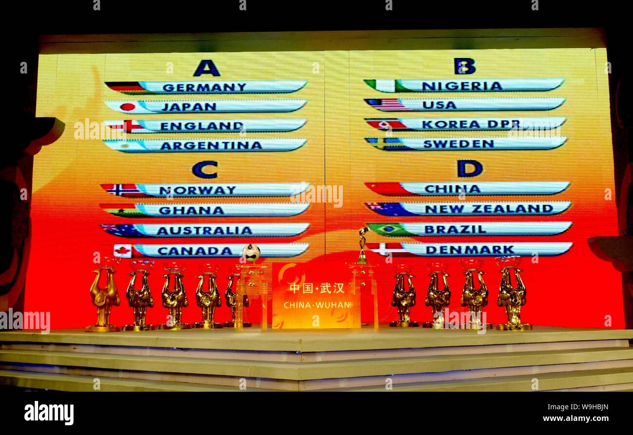 Los resultados del sorteo final de la Copa Mundial Femenina de la FIFA 2007, en Wuhan en China central Domingo 22 de abril de 2007. Según los resultados de la fi Foto de stock