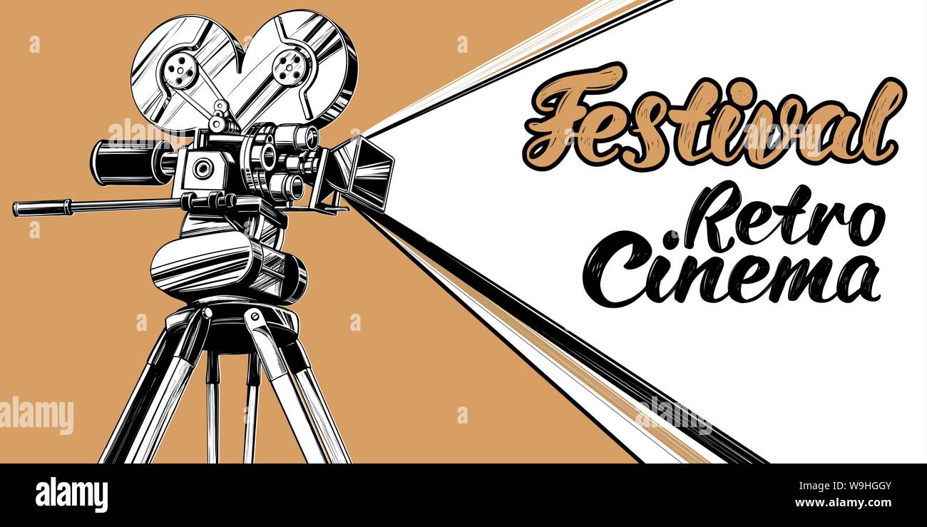 Logotipo de cine festival, vintage, cámara de película antigua , texto  caligráfico dibujados a mano ilustración vectorial dibujo realista Imagen  Vector de stock - Alamy