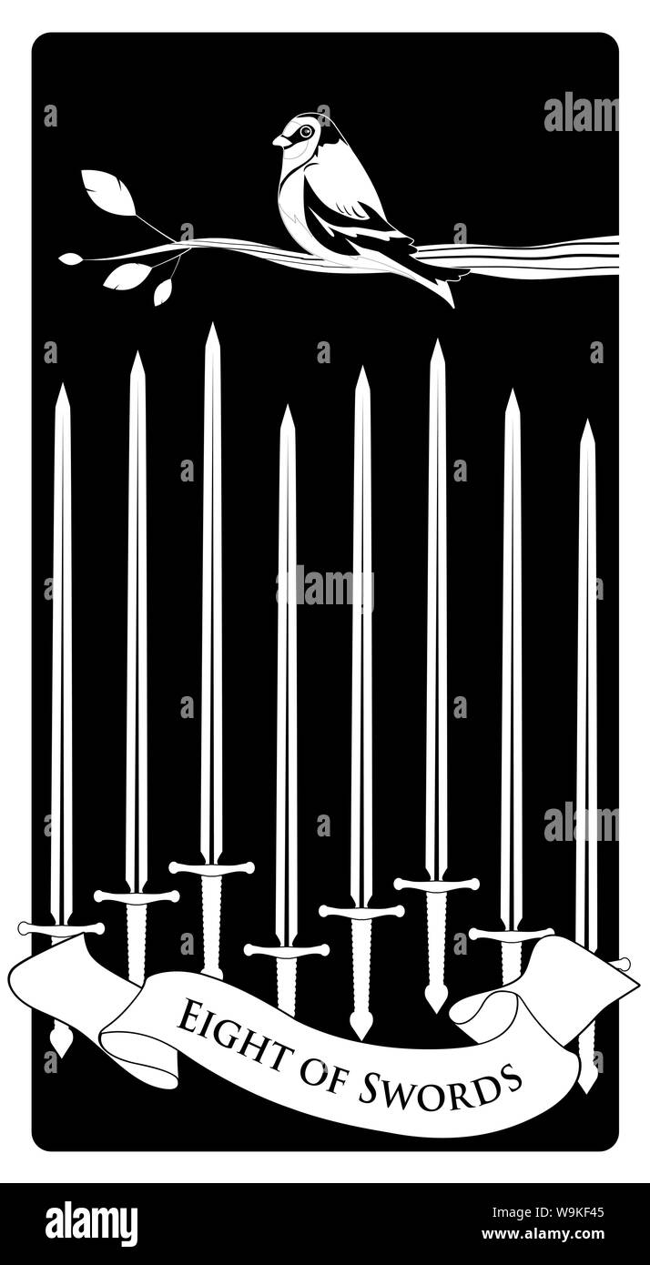 Ocho de espadas. Cartas del Tarot. Pájaro en una rama en ocho espadas  Imagen Vector de stock - Alamy