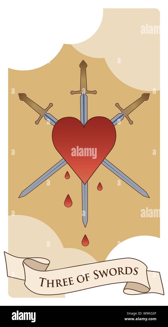 Tres de espadas. Corazón atravesado por tres espadas sobre nubes de fondo.  Gotas de sangre Imagen Vector de stock - Alamy