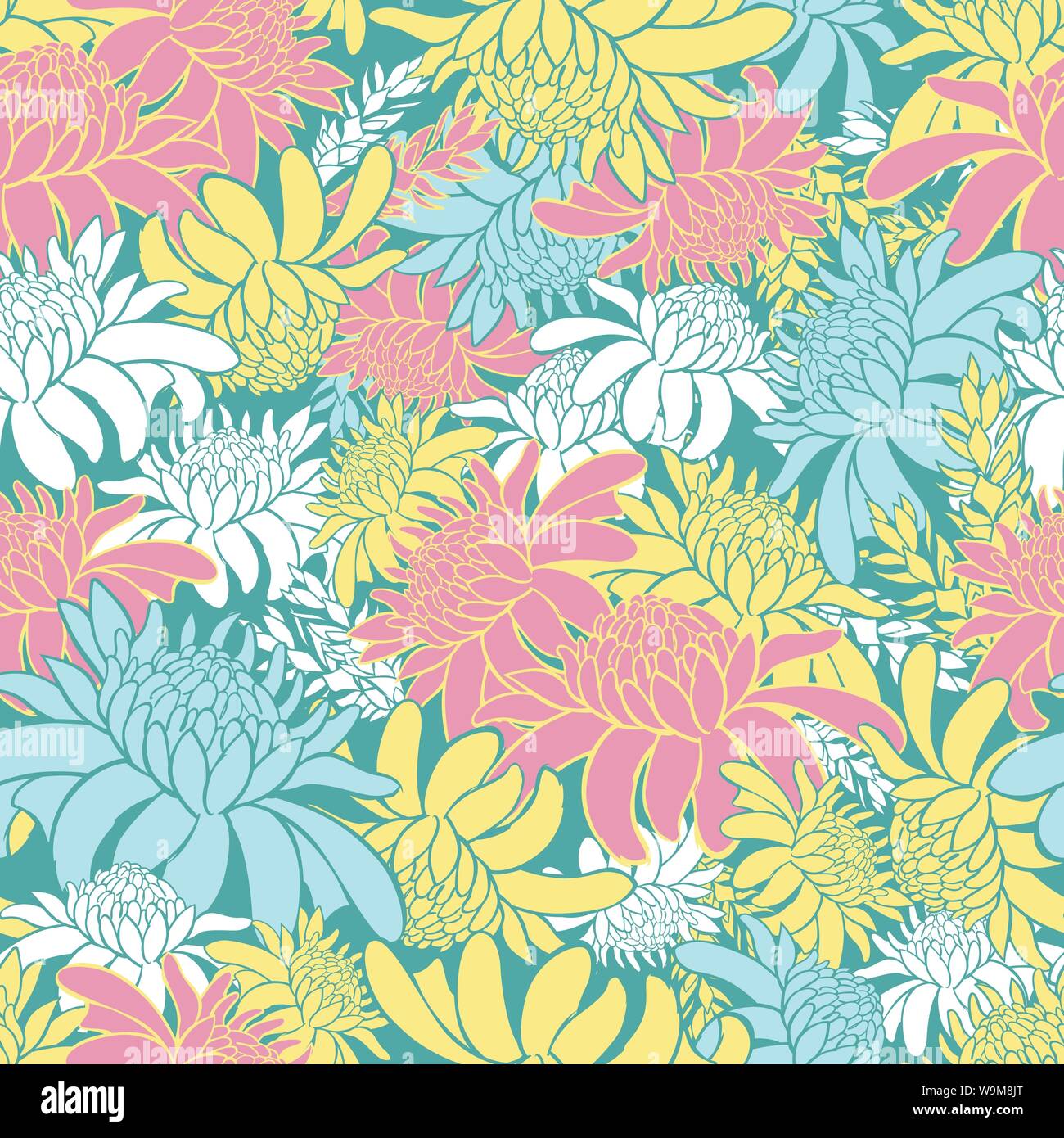 Pastel de vector colorido patrón sin fisuras con antorcha tropical jengibre flores. Adecuado para textiles, papel de regalo y papel tapiz. Ilustración del Vector