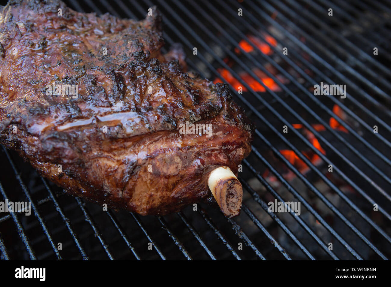 Paletilla de Cordero marinado cocinar en una barbacoa al aire libre en el  jardín Fotografía de stock - Alamy