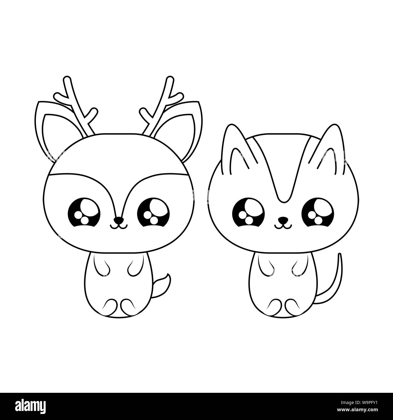 Lindo Gato Reno Con Animales Bebe Estilo Kawaii Diseno Ilustracion Vectorial Imagen Vector De Stock Alamy