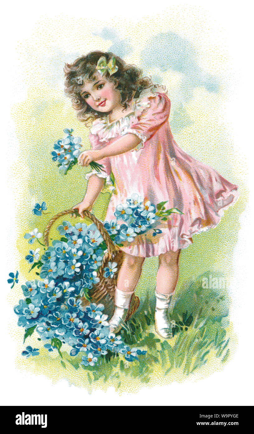 Ilustración de estilo Eduardiano sentimental de una niña con Forget-me-nots. Foto de stock