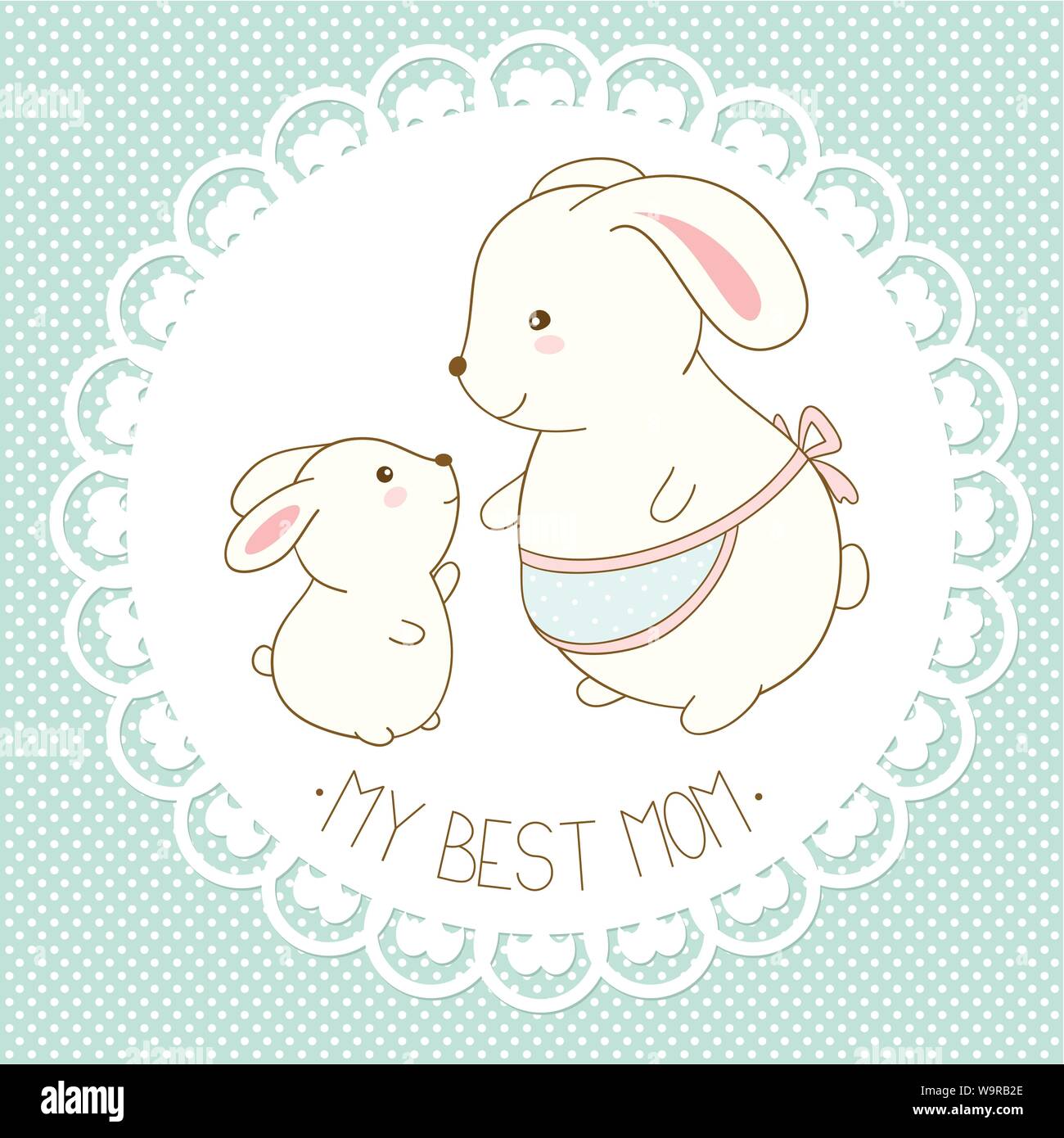 Mi mejor mamá. Antecedentes vectoriales con lindos conejos en estilo kawaii  y patrón de puntos. Tarjeta del Día de la madre. Banner, pancarta, póster  de vacaciones para Scrapbooking Imagen Vector de stock -