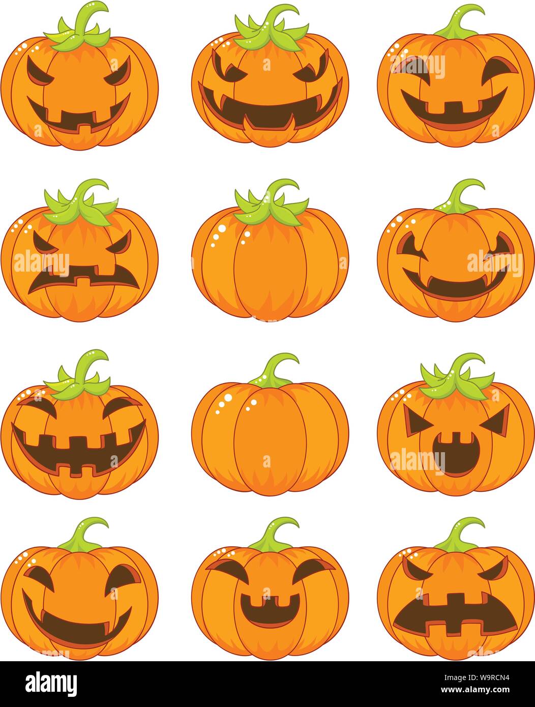 Conjunto de terribles y sonrientes calabazas para Halloween en un estilo de  dibujos animados. Colección de brillante Jack-o-lantern iconos. EPS8 Imagen  Vector de stock - Alamy