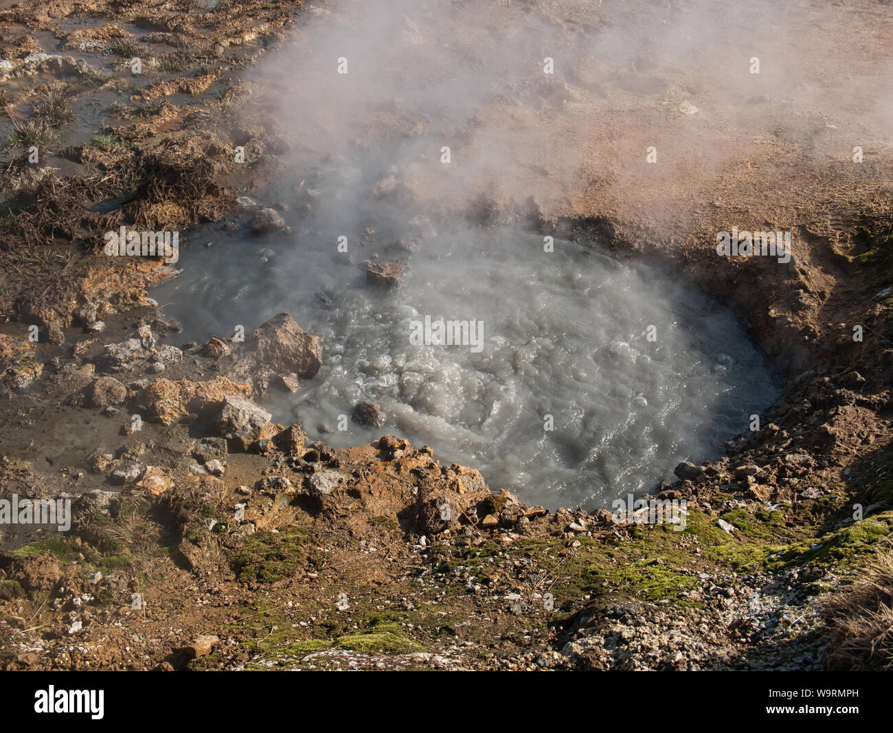 Olla de barro con nubes de humo de agua hirviendo. Foto de abril en Islandia Foto de stock