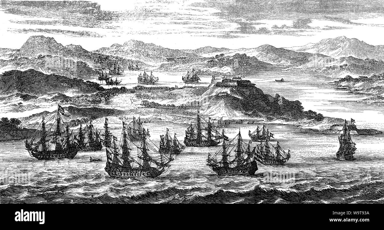 Partida de la flota del tesoro española a las Indias Occidentales a través del océano Atlántico Foto de stock