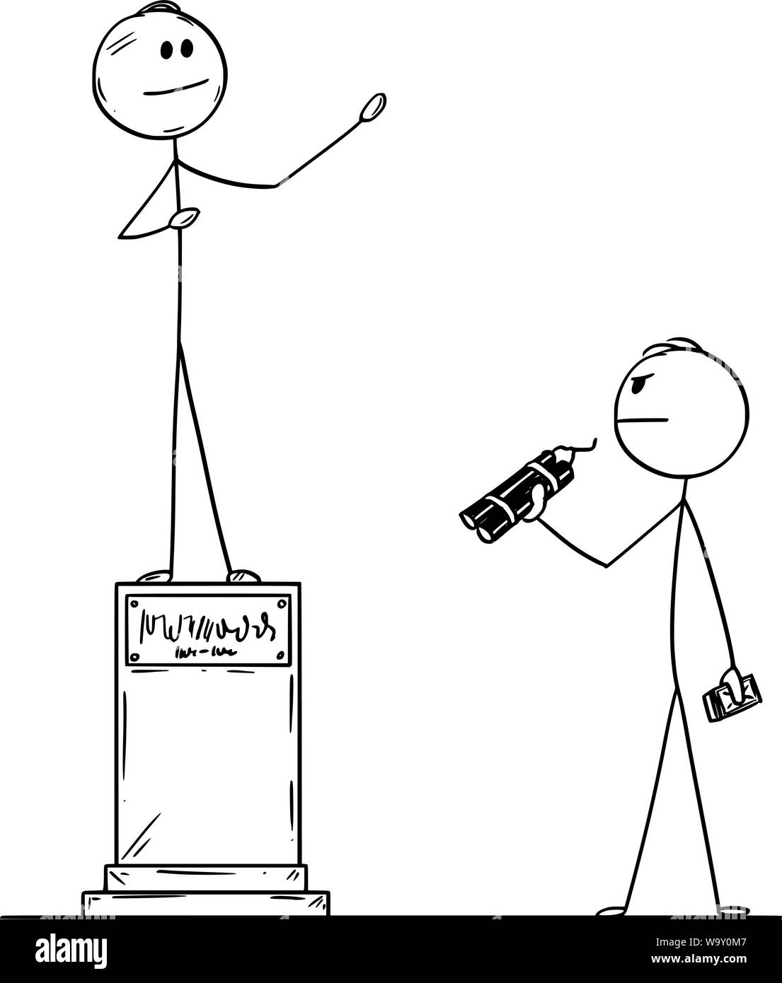 Cartoon vectores stick figura dibujo Ilustración conceptual del hombre con explosivo o bomba que va a destruir la estatua del político. Ilustración del Vector