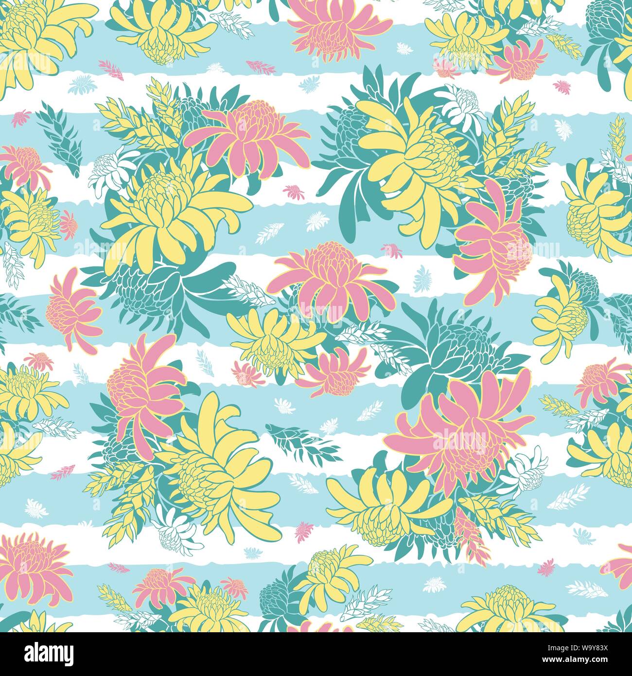 Pastel de vector colorido patrón sin fisuras con antorcha tropical jengibre flores y rayas azules. Adecuado para textiles, papel de regalo y papel tapiz. Ilustración del Vector