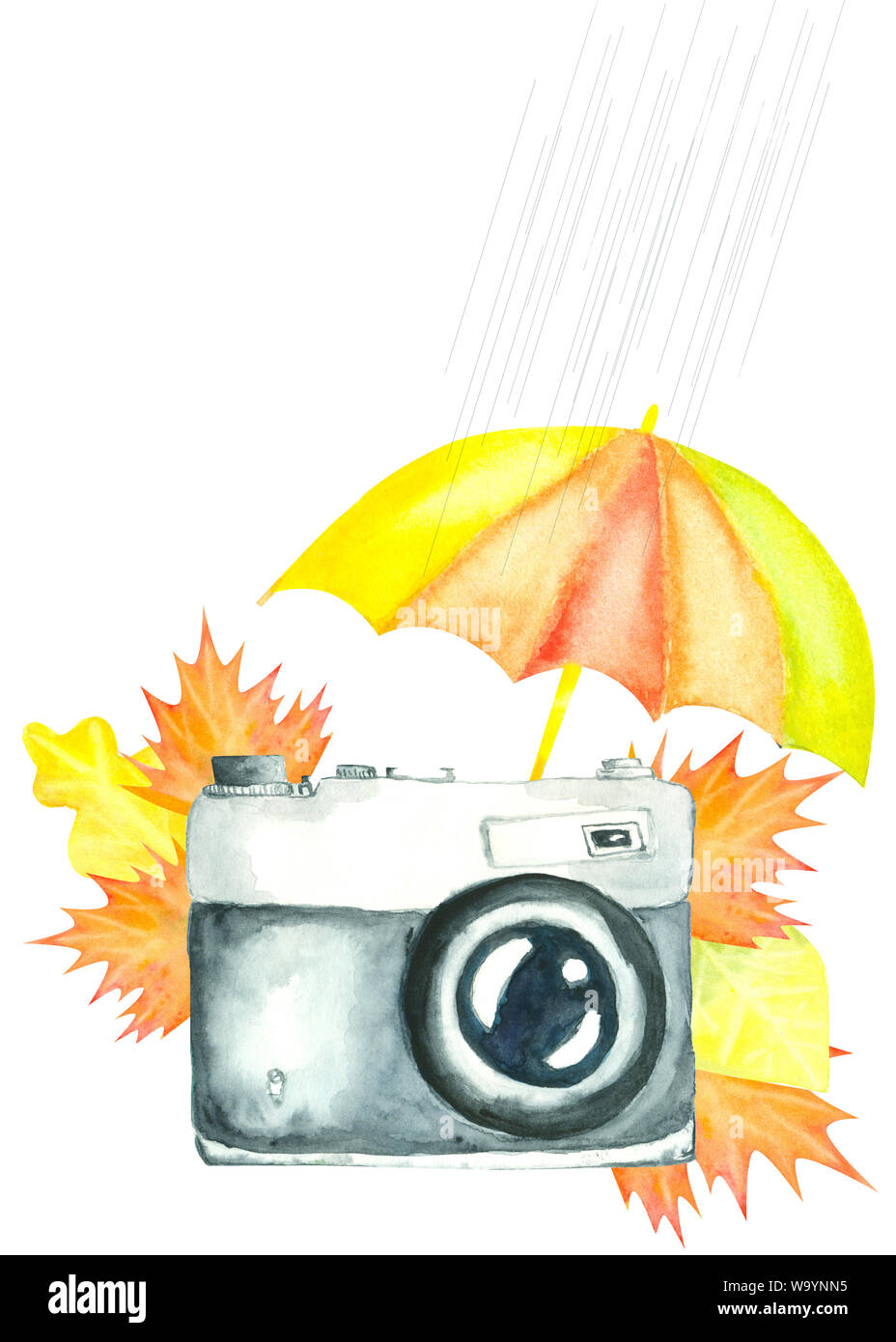Acuarela cámara retro decorado con sombrilla y hojas de otoño lluvia copie el espacio sobre fondo Fotografía de stock - Alamy