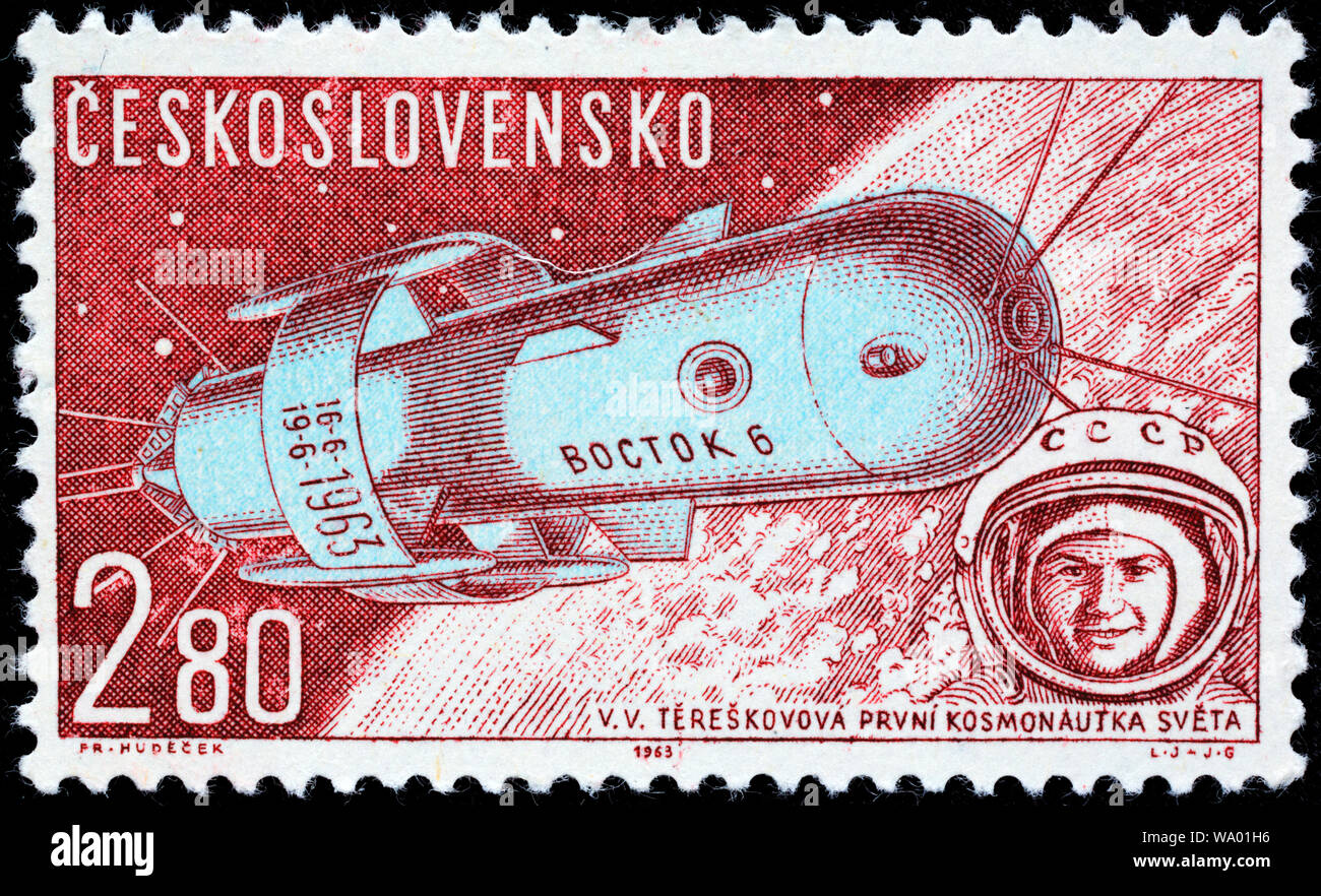 La nave soviética Vostok-6, Valentina Tereshkova, sello, Checoslovaquia, 1963. Foto de stock