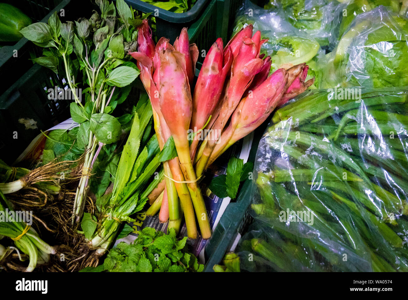 Flores de banano para la venta en el mercado local, Central Food, Siti Khadijah, en Kota Bharu, Malasia.en Kota Bharu, Malasia. Foto de stock