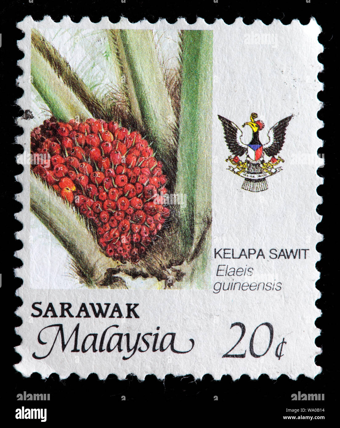 Elaeis guineensis, aceite de palma, sello, Sarawak, Malasia, 1986 Foto de stock