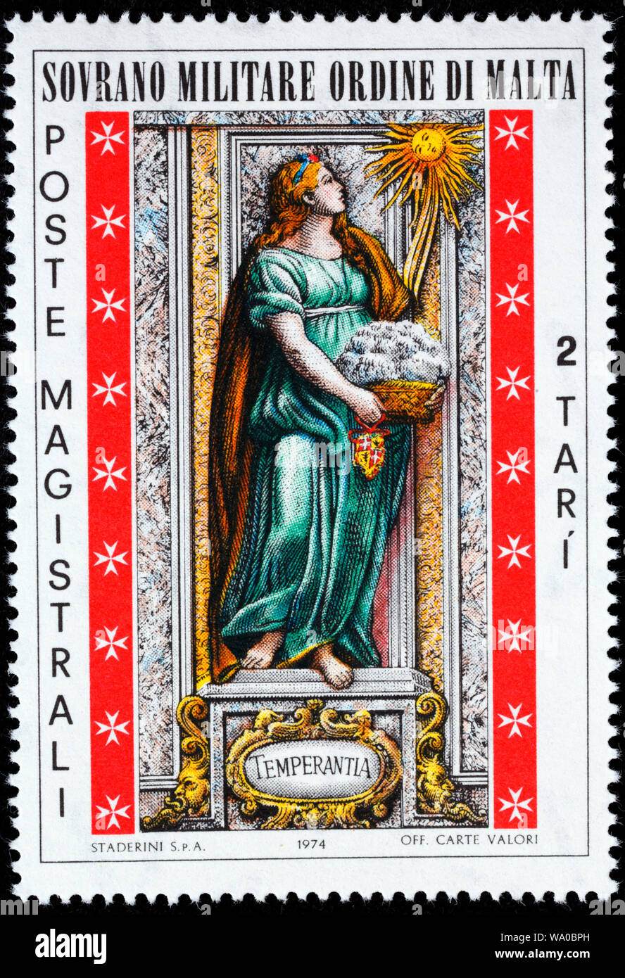 La templanza, virtudes cardinales, sello, Soberana Orden Militar de Malta, 1974 Foto de stock