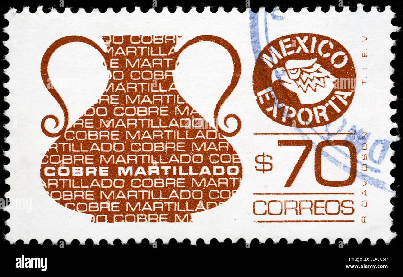 Florero de cobre, la exportación, la estampilla mexicana, México, 1987 Foto de stock