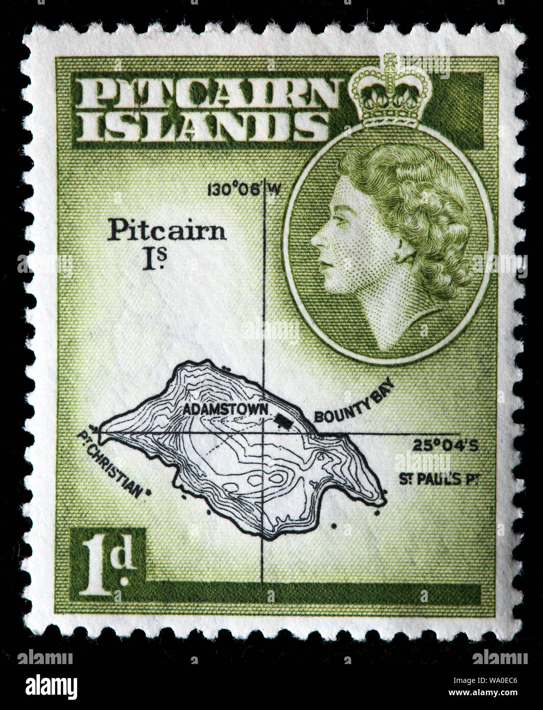 Mapa de la Isla de Pitcairn, sello, islas Pitcairn, 1957 Foto de stock
