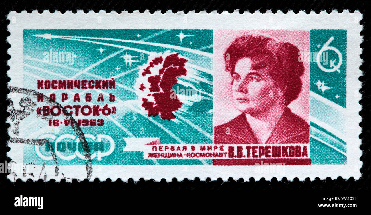 El cosmonauta Valentina Tereshkova, Segundo grupo de los vuelos espaciales, sello, Rusia, URSS, 1963. Foto de stock
