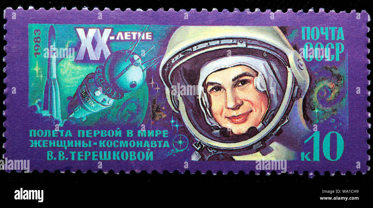 20º aniversario de la primera mujer astronauta Valentina Tereshkova, vuelo Vostok 6, sello, Rusia, URSS, 1983 Foto de stock