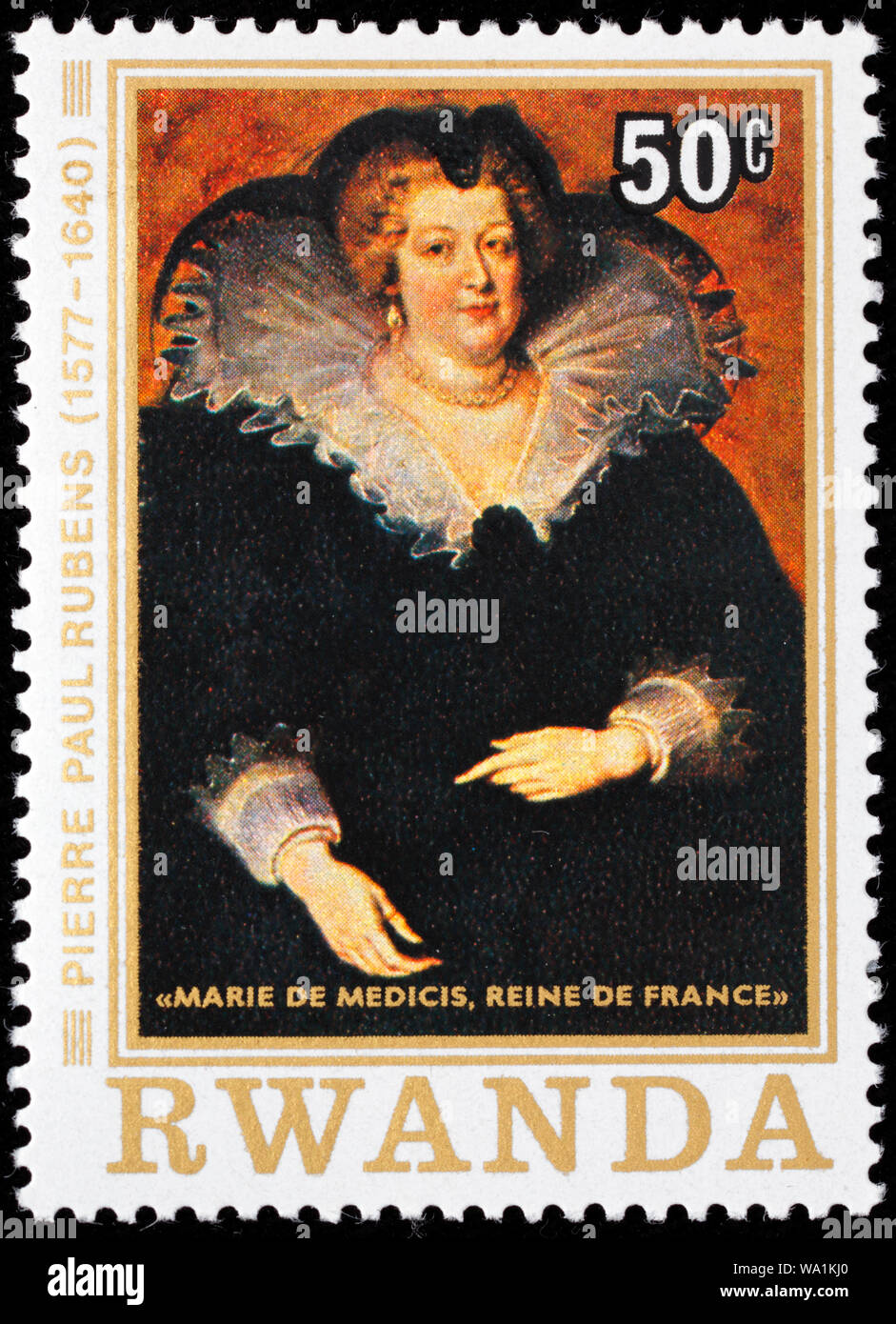 María de Médicis, Marie de Medicis (1575-1642), Reina de Francia, retrato de Peter Paul Rubens, sello, Rwanda, 1977 Foto de stock