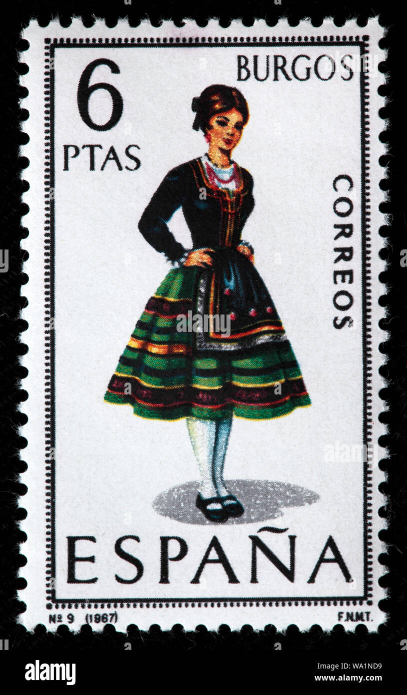 Burgos, Castilla y León, mujer de moda tradicional traje regional, sello,  España, 1967 Fotografía de stock - Alamy
