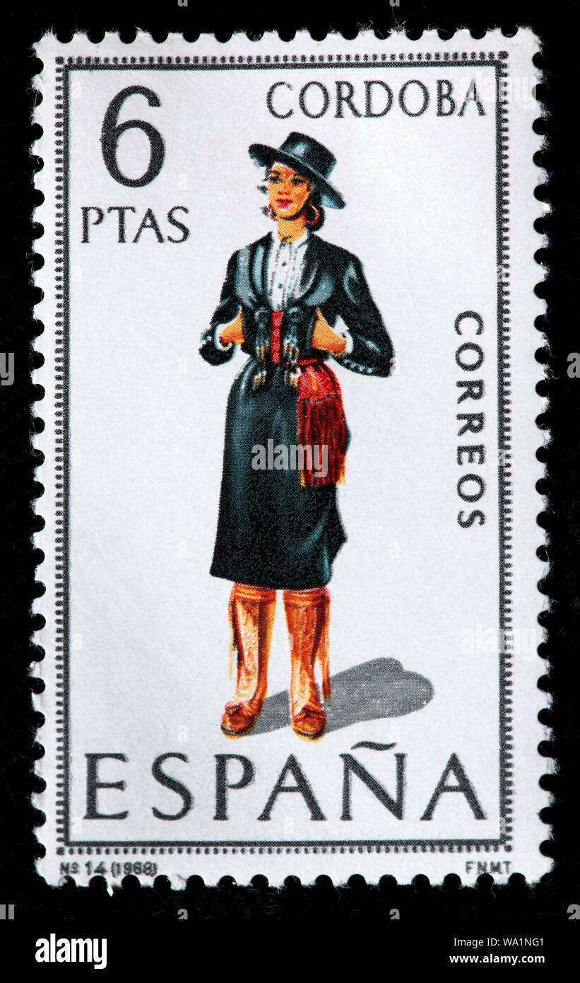 Córdoba Andalucía, mujer de moda tradicional traje regional, sello, España,  1968 Fotografía de stock - Alamy